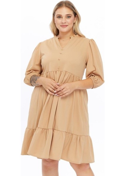 Kadın Büzgü Detaylı Düğmeli Midi Boy Büyük Beden Elbise 4415/105