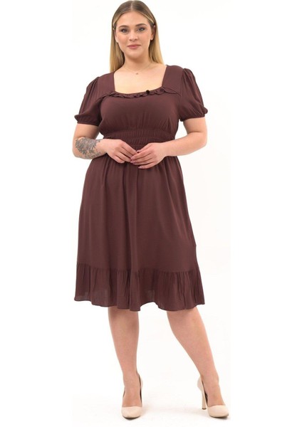 Kadın Kahve Kare Yaka Fırfır Detaylı Midi Boy Yazlık Viscon Elbise 4467-110