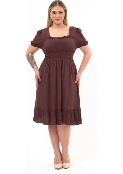 Kadın Kahve Kare Yaka Fırfır Detaylı Midi Boy Yazlık Viscon Elbise 4467-110