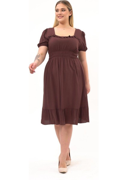 Kadın Kahve Kare Yaka Fırfır Detaylı Midi Boy Yazlık Viscon Elbise 4467-110