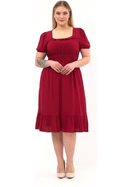 Kadın Bordo Kare Yaka Fırfır Detaylı Midi Boy Yazlık Viscon Elbise 4467-110