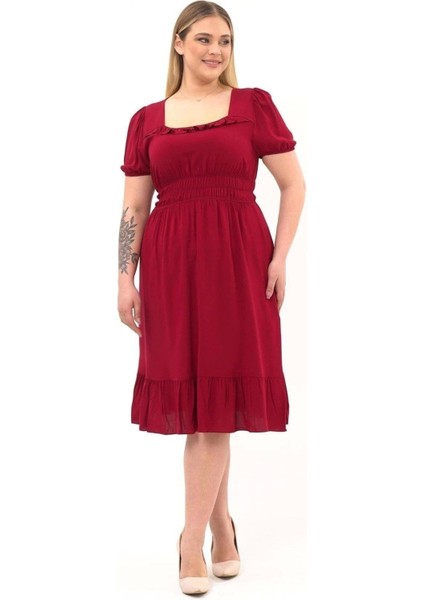 Kadın Bordo Kare Yaka Fırfır Detaylı Midi Boy Yazlık Viscon Elbise 4467-110