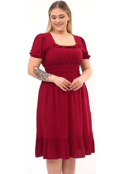 Kadın Bordo Kare Yaka Fırfır Detaylı Midi Boy Yazlık Viscon Elbise 4467-110