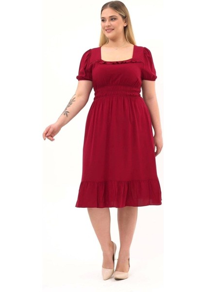 Kadın Bordo Kare Yaka Fırfır Detaylı Midi Boy Yazlık Viscon Elbise 4467-110