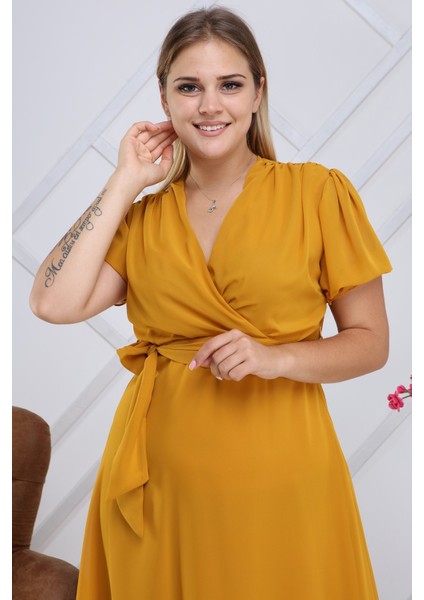 Kadın Kruvaze Yaka Kuşaklı Büyük Beden Midi Boy Şifon Elbise 4255-110 indirimleri