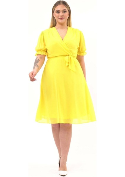 Kadın Kruvaze Yaka Kuşaklı Büyük Beden Midi Boy Şifon Elbise 4255-110