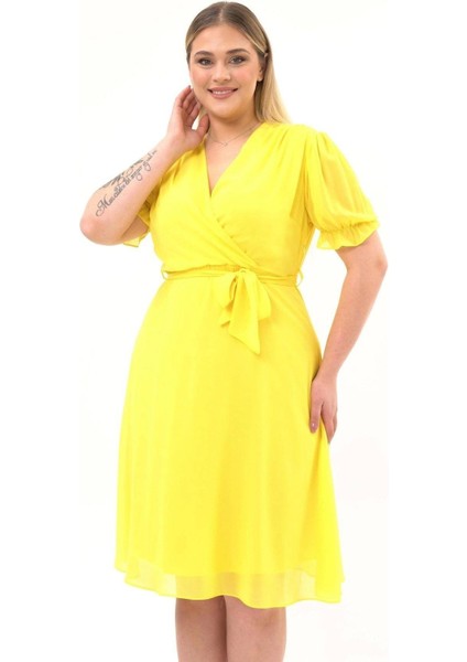 Kadın Kruvaze Yaka Kuşaklı Büyük Beden Midi Boy Şifon Elbise 4255-110