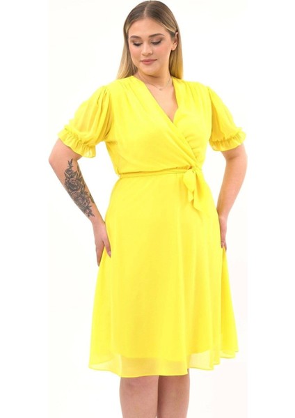 Kadın Kruvaze Yaka Kuşaklı Büyük Beden Midi Boy Şifon Elbise 4255-110