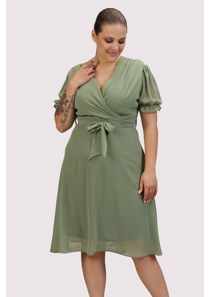 Kadın Kruvaze Yaka Kuşaklı Büyük Beden Midi Boy Şifon Elbise 4255-110