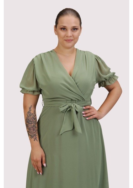 Kadın Kruvaze Yaka Kuşaklı Büyük Beden Midi Boy Şifon Elbise 4255-110