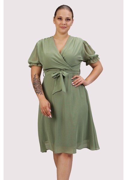 Kadın Kruvaze Yaka Kuşaklı Büyük Beden Midi Boy Şifon Elbise 4255-110
