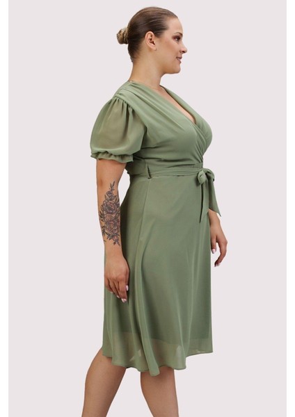 Kadın Kruvaze Yaka Kuşaklı Büyük Beden Midi Boy Şifon Elbise 4255-110