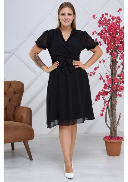 Kadın Kruvaze Yaka Kuşaklı Büyük Beden Midi Boy Şifon Elbise 4255-110