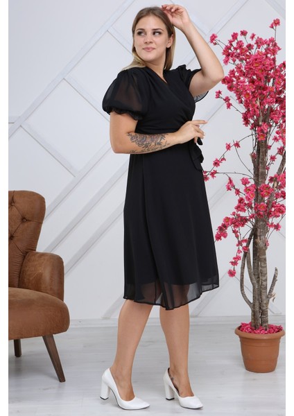 Kadın Kruvaze Yaka Kuşaklı Büyük Beden Midi Boy Şifon Elbise 4255-110 fiyatları