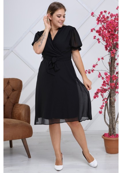 Kadın Kruvaze Yaka Kuşaklı Büyük Beden Midi Boy Şifon Elbise 4255-110 modelleri