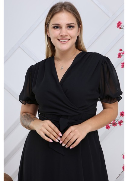 Kadın Kruvaze Yaka Kuşaklı Büyük Beden Midi Boy Şifon Elbise 4255-110 fırsatları