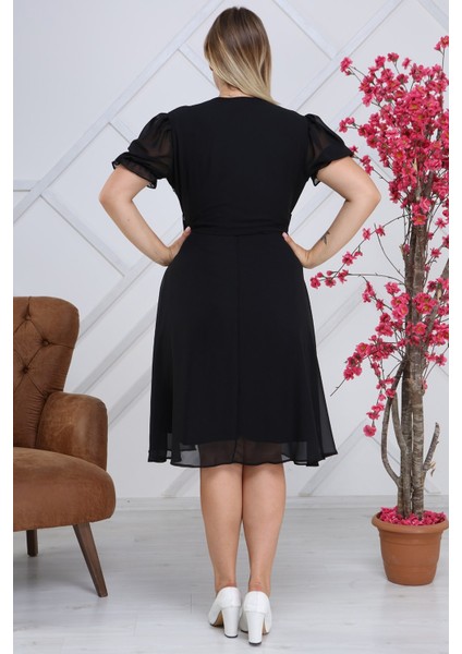 Kadın Kruvaze Yaka Kuşaklı Büyük Beden Midi Boy Şifon Elbise 4255-110 indirimleri