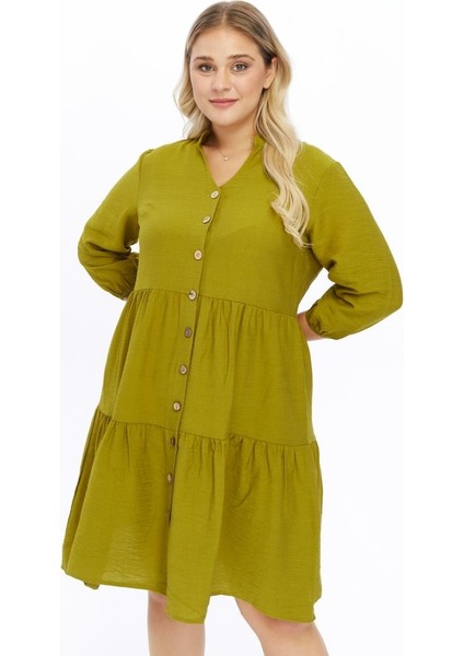 Kadın Haki Büyük Beden V Yaka Düğmeli Midi Elbise 4483-105