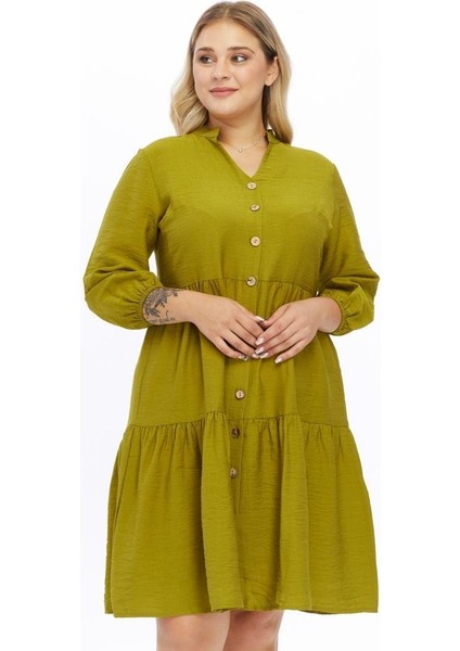 Kadın Haki Büyük Beden V Yaka Düğmeli Midi Elbise 4483-105