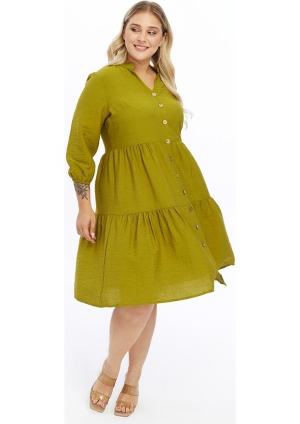 Kadın Haki Büyük Beden V Yaka Düğmeli Midi Elbise 4483-105
