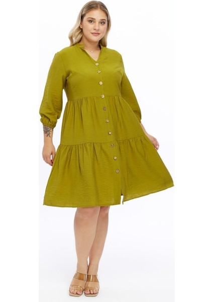 Kadın Haki Büyük Beden V Yaka Düğmeli Midi Elbise 4483-105
