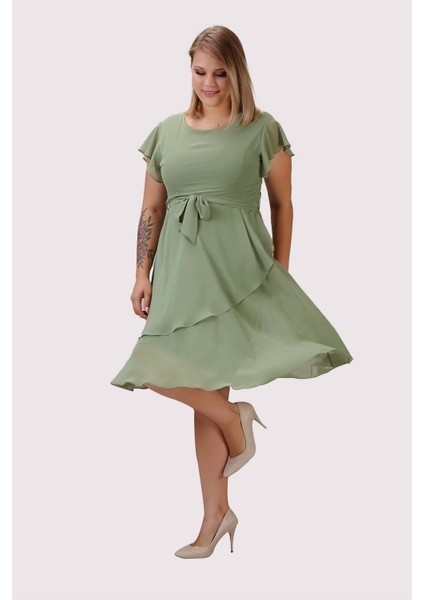 Kadın Fıstık Yeşili Volan Detaylı Midi Büyük Beden Şifon Elbise 4337-110