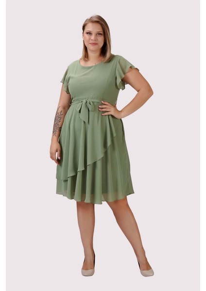 Kadın Fıstık Yeşili Volan Detaylı Midi Büyük Beden Şifon Elbise 4337-110 fiyatları