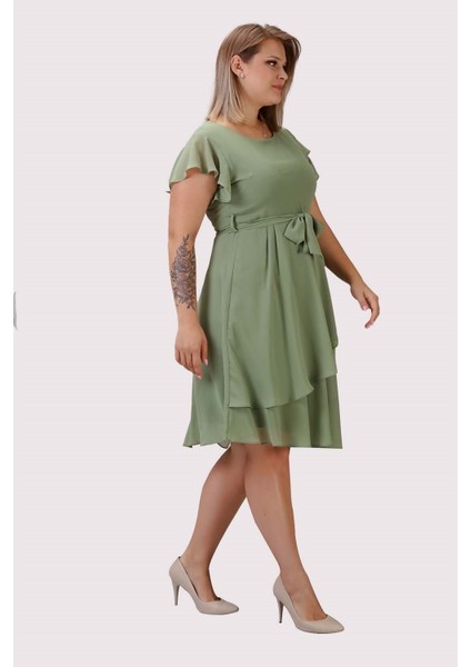 Kadın Fıstık Yeşili Volan Detaylı Midi Büyük Beden Şifon Elbise 4337-110 modelleri