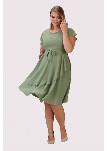 Kadın Fıstık Yeşili Volan Detaylı Midi Büyük Beden Şifon Elbise 4337-110 fırsatları