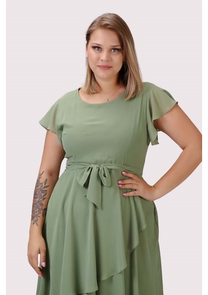 Kadın Fıstık Yeşili Volan Detaylı Midi Büyük Beden Şifon Elbise 4337-110 indirimleri