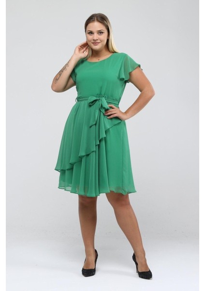 Kadın Fıstık Yeşili Volan Detaylı Midi Büyük Beden Şifon Elbise 4337-110