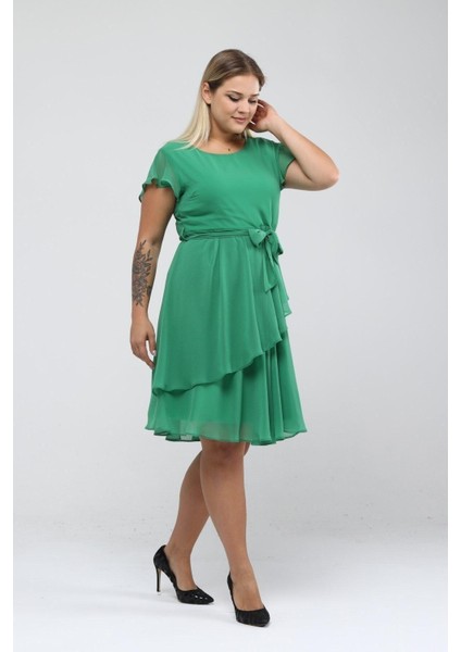 Kadın Fıstık Yeşili Volan Detaylı Midi Büyük Beden Şifon Elbise 4337-110