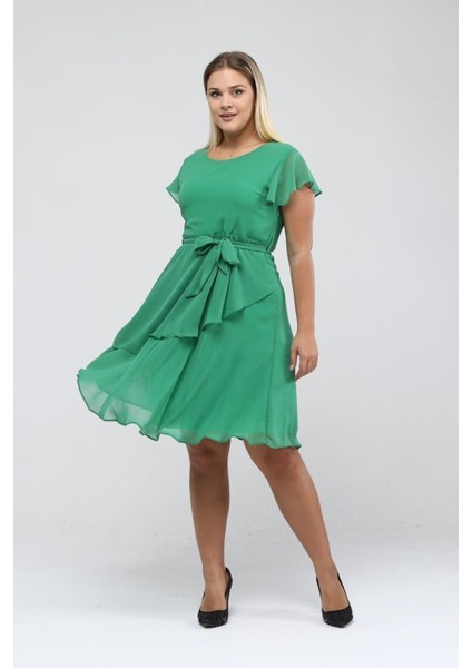 Kadın Fıstık Yeşili Volan Detaylı Midi Büyük Beden Şifon Elbise 4337-110