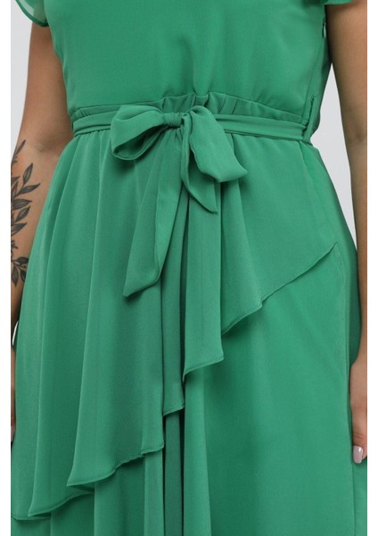 Kadın Fıstık Yeşili Volan Detaylı Midi Büyük Beden Şifon Elbise 4337-110