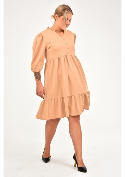 Kadın Büzgü Detaylı Düğmeli Midi Boy Büyük Beden Elbise 4415/105 modelleri