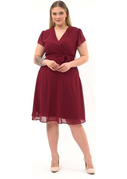 Kadın Bordo Kruvaze Yaka Kol Detaylı Midi Boy Şifon elbise 4449-110