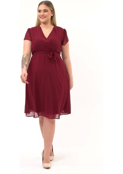 Kadın Bordo Kruvaze Yaka Kol Detaylı Midi Boy Şifon elbise 4449-110