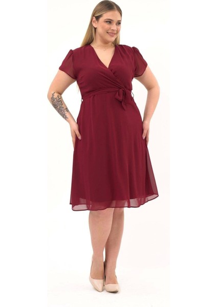 Kadın Bordo Kruvaze Yaka Kol Detaylı Midi Boy Şifon elbise 4449-110