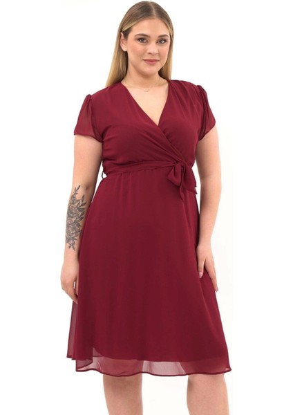 Kadın Bordo Kruvaze Yaka Kol Detaylı Midi Boy Şifon elbise 4449-110
