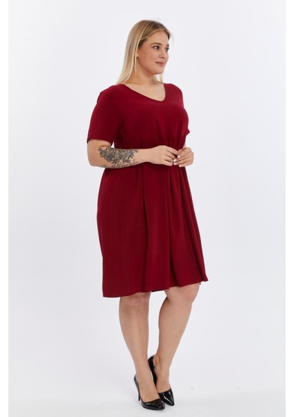 Kadın Bordo Büzgü Detaylı midi Yazlık büyük Beden Elbise 4424-105