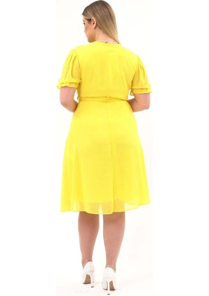 Kadın Kruvaze Yaka Kuşaklı Büyük Beden Midi Boy Şifon Elbise 4255-110