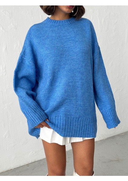 Kadın Yumuşak Dokulu Bisiklet Yaka Oversize Basic Triko Kazak