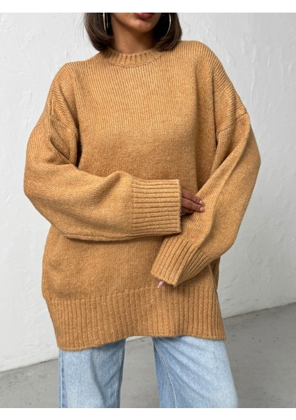 Kadın Yumuşak Dokulu Bisiklet Yaka Oversize Basic Triko Kazak