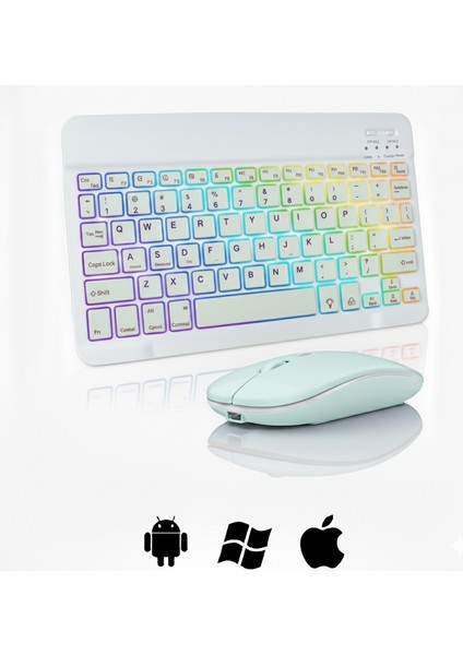 Rgb Tablet ve Telefonlar Için Türkçe Bluetooth Klavye ve Mouse Set - AL7815 Su Yeşili