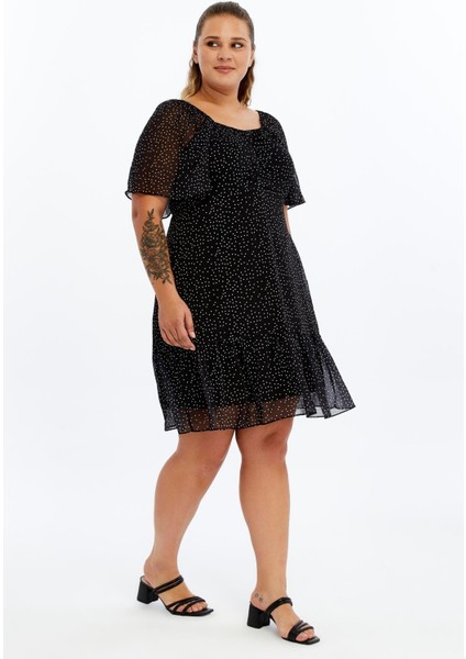 Kadın Siyah Puantiyeli Midi Şifon Büyük Beden Elbise 4514-100 modelleri