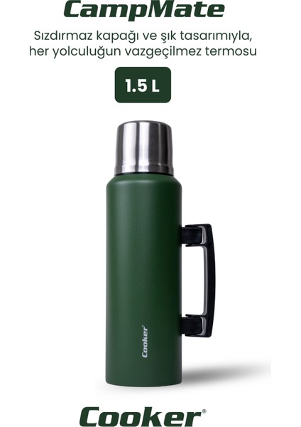 1.5 Litre Çift Katlı Çelik Termos - 24 Saat Sıcak, 48 Saat Soğuk, Kulplu (Kamp, Piknik, Ofis, Seyahat, Outdoor)