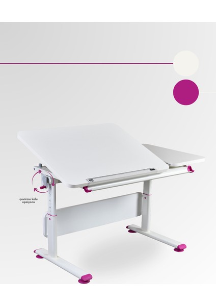 Vega Simple Kız Çocuk Odası Çalışma Masası Yükseklik ve Eğim Ayarlı Masa - 130x70 Cm, Ekru/Fuşya