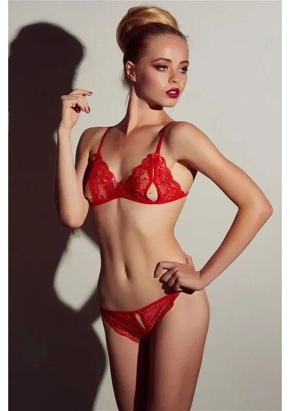 Kırmızı Dantelli Fantazi Sütyen ve G-String Takım BRF2048