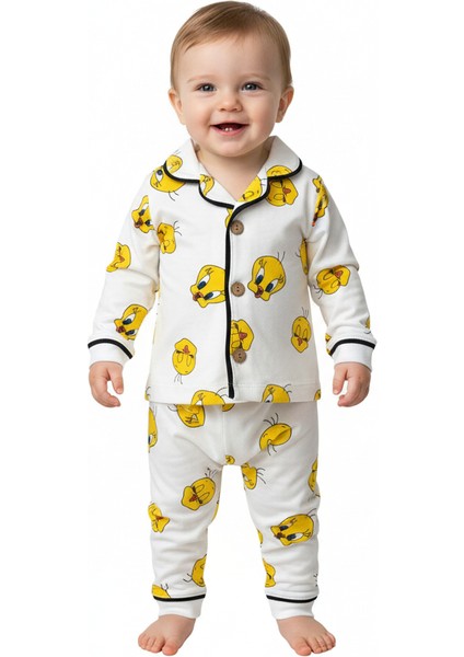 Unisex Bebek Tweety Desenli Yakalı Düğmeli Pamuklu Pijama Takımı