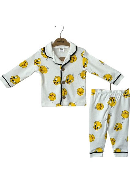 Unisex Bebek Tweety Desenli Yakalı Düğmeli Pamuklu Pijama Takımı fiyatları